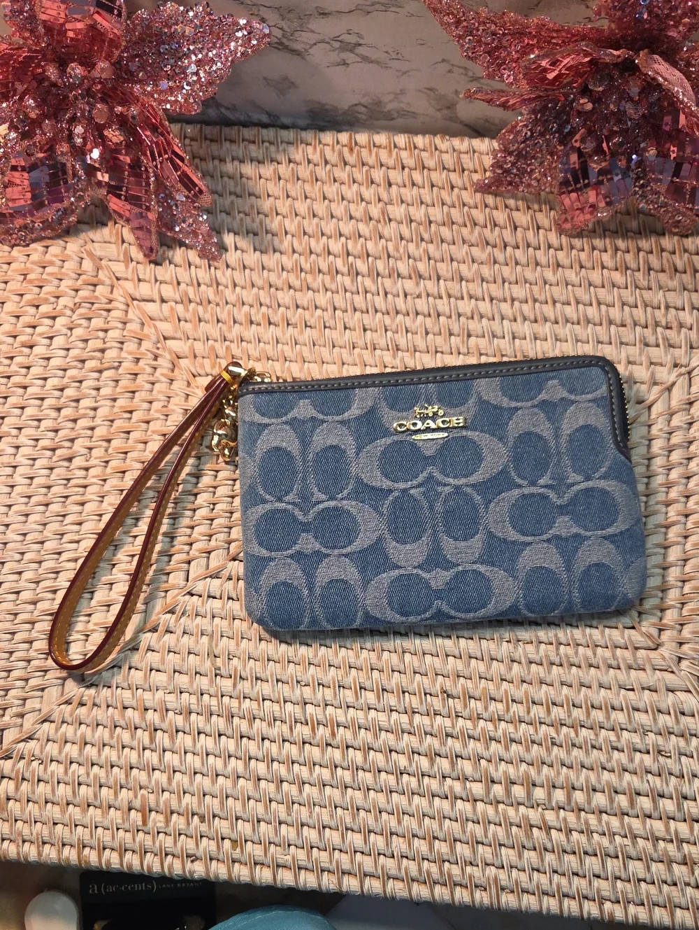 COACH Blue Signature Zip Wristlet with Brown Strap